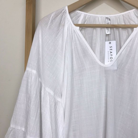 SOLD Seafolly White Flared Tiered Sleeve Cover Up Dress - Picture 4 of 12